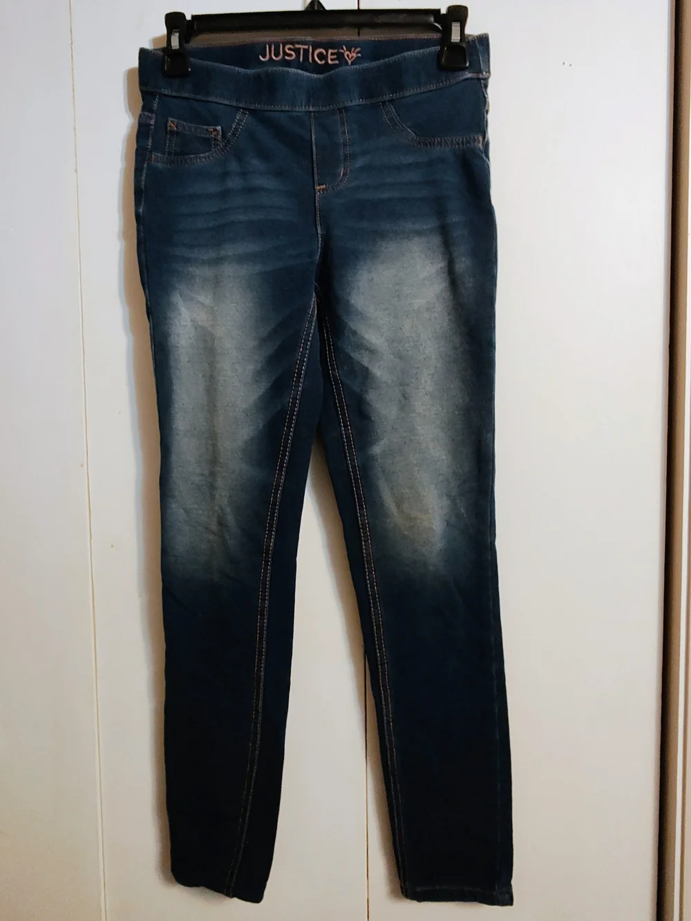 Justice Girls Dark Blue Denim Jeggings with Pink Logo Stitching